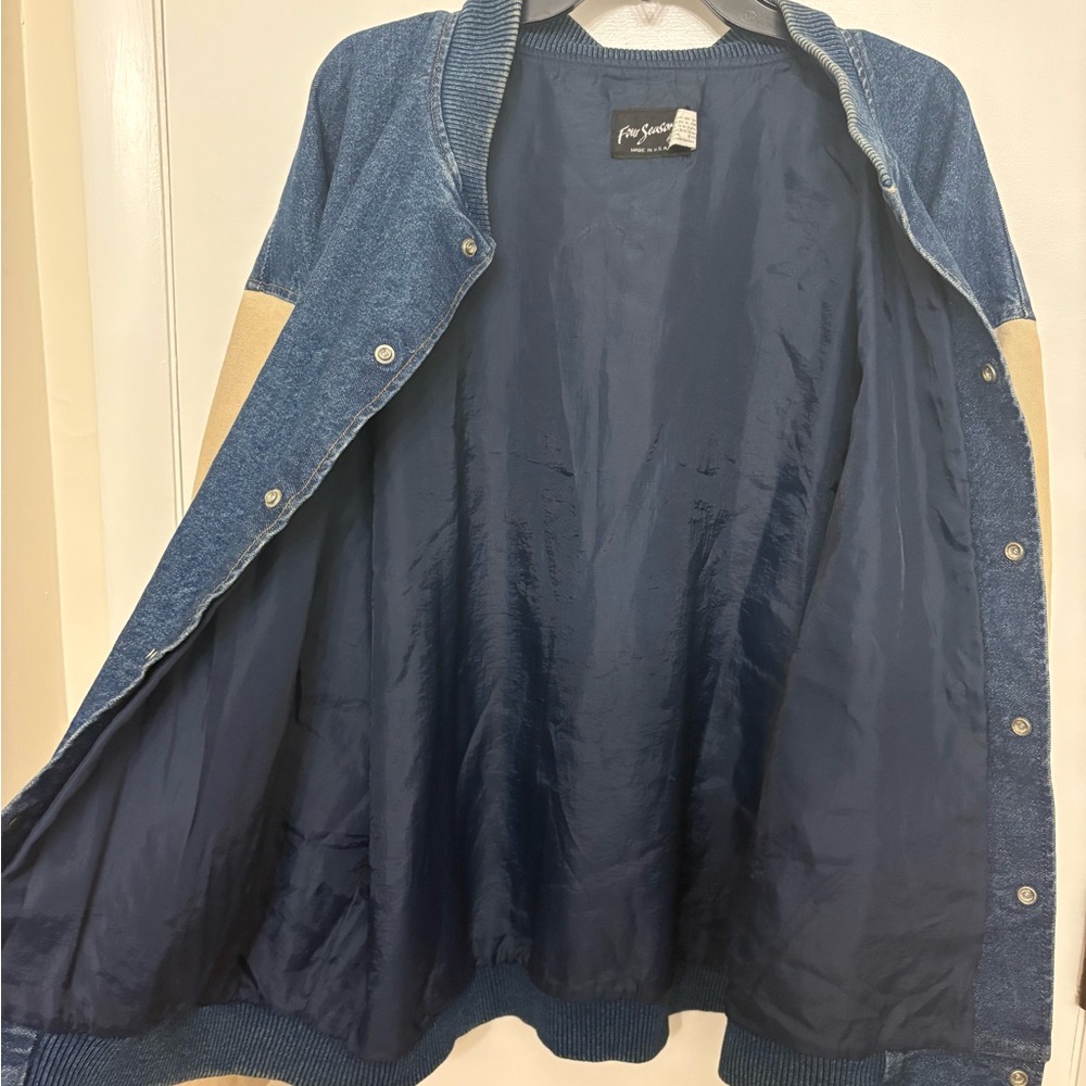VTG 90s Four Seasons Apache Motorcycle Weatherford Texas Denim Varsity Jacket XL - Picture 6 of 9